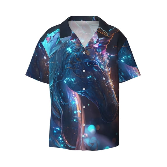 Honeii 's Crystal Pattern White Horse for men's short-sleeved button-up collared shirt featuring a pocket, perfect for beach vacations, and travel adventures.