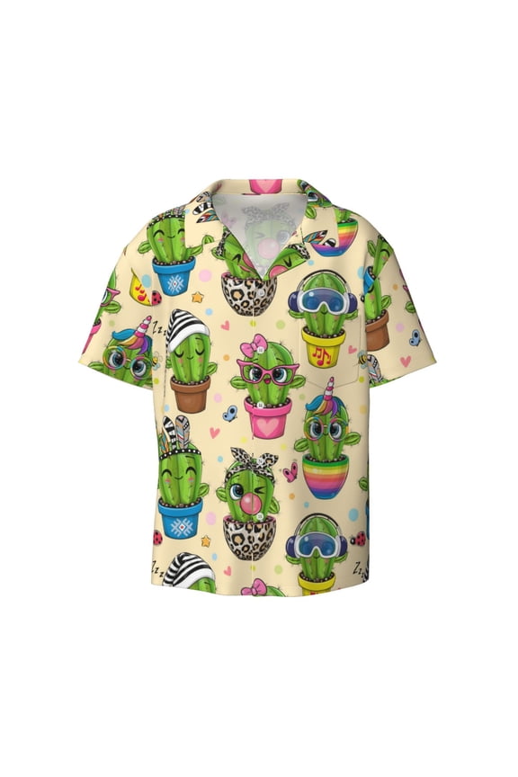 's Cute Cartoon Cactus for men's short-sleeved button-up collared shirt featuring a pocket, perfect for beach vacations, and travel adventures.