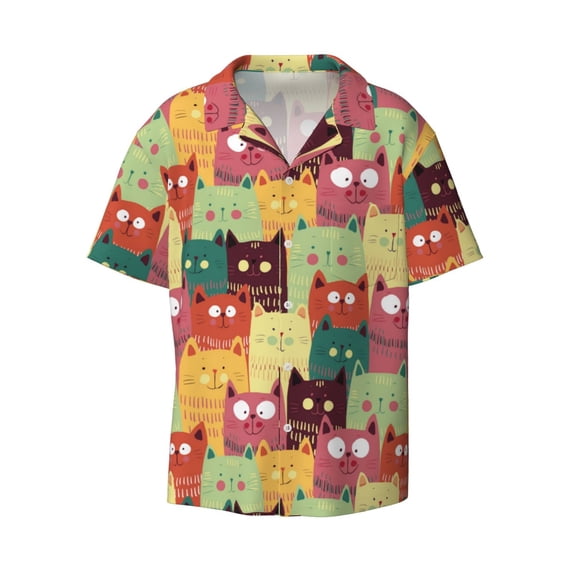 Honeii 's Cute Cartoon Cat for men's short-sleeved button-up collared shirt featuring a pocket, perfect for beach vacations, and travel adventures.