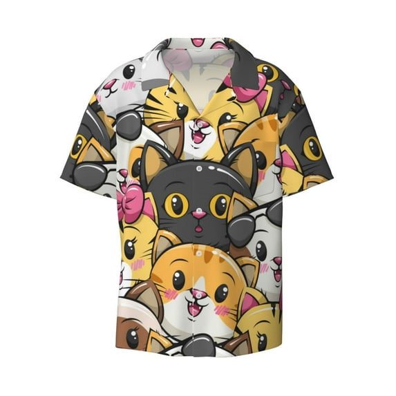 Honeii 's Cute Cat Cartoon for men's short-sleeved button-up collared shirt featuring a pocket, perfect for beach vacations, and travel adventures.