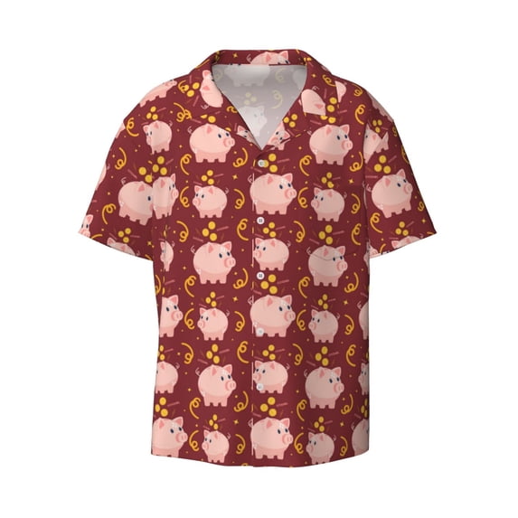 Honeii 's Cute Pig with Coins for men's short-sleeved button-up collared shirt featuring a pocket, perfect for beach vacations, and travel adventures.