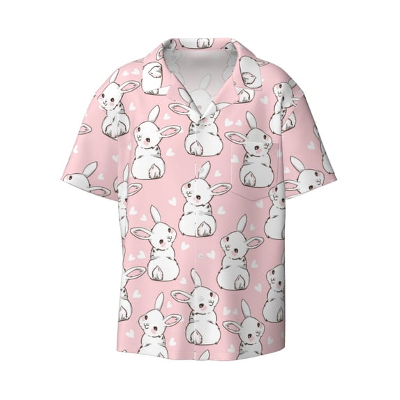 Honeii 's Cute Rabbit for men's short-sleeved button-up collared shirt featuring a pocket, perfect for beach vacations, and travel adventures.