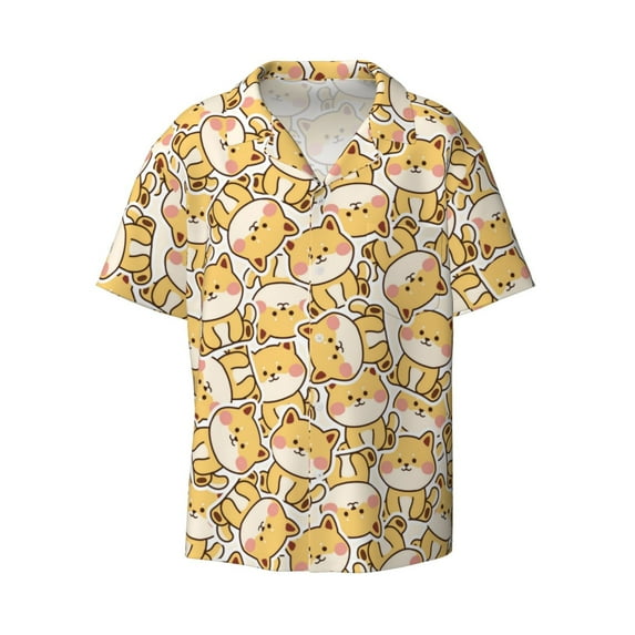 Honeii 's Cute Shiba for men's short-sleeved button-up collared shirt featuring a pocket, perfect for beach vacations, and travel adventures.
