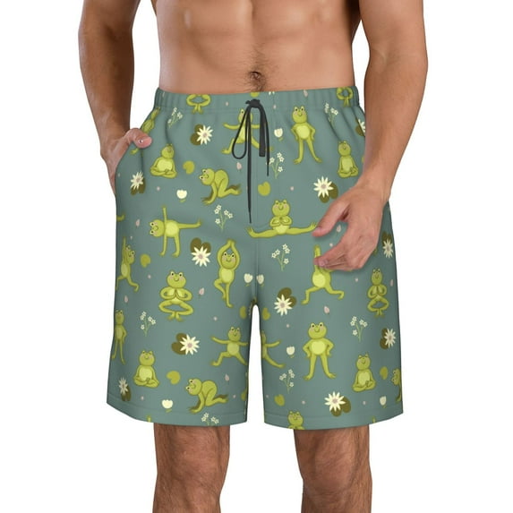 Honeii's Cute Yoga Frogs Print Men's Casual Shorts with Drawstring,Swim Trunks Quick Dry Beach Shorts