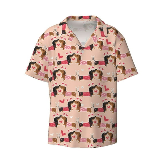 Honeii 's Dachshund Couple for men's short-sleeved button-up collared shirt featuring a pocket, perfect for beach vacations, and travel adventures.