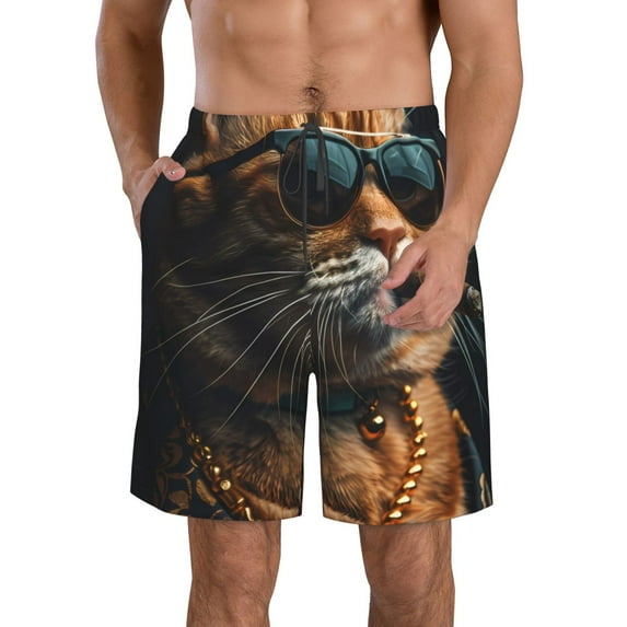 Honeii's Dapper Cat in Sunglasses Print Men's Casual Shorts with Drawstring,Swim Trunks Quick Dry Beach Shorts
