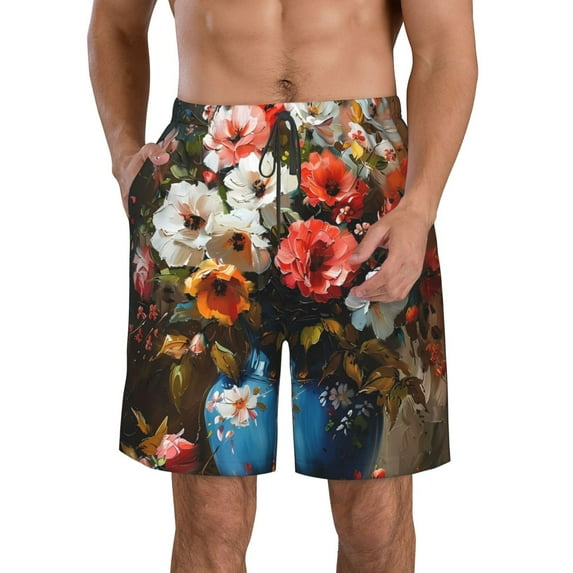 Honeii's Elegant Floral Vase Painting Print Men's Casual Shorts with Drawstring,Swim Trunks Quick Dry Beach Shorts