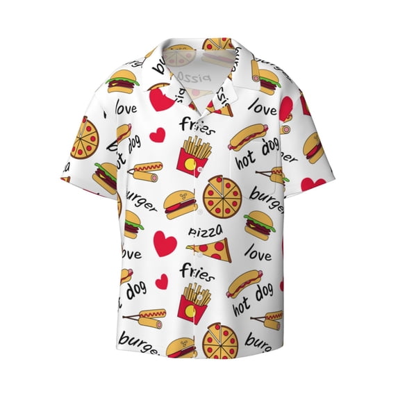 Honeii 's Fast Food for men's short-sleeved button-up collared shirt featuring a pocket, perfect for beach vacations, and travel adventures.
