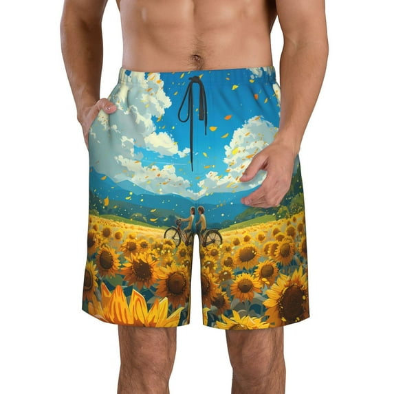 Honeii's Field Bicycle Young Sunflower Print Men's Casual Shorts with Drawstring,Swim Trunks Quick Dry Beach Shorts