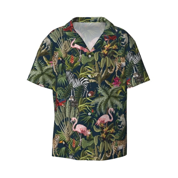 Honeii 's Flamingos And Palm Leaves for men's short-sleeved button-up collared shirt featuring a pocket, perfect for beach vacations, and travel adventures.