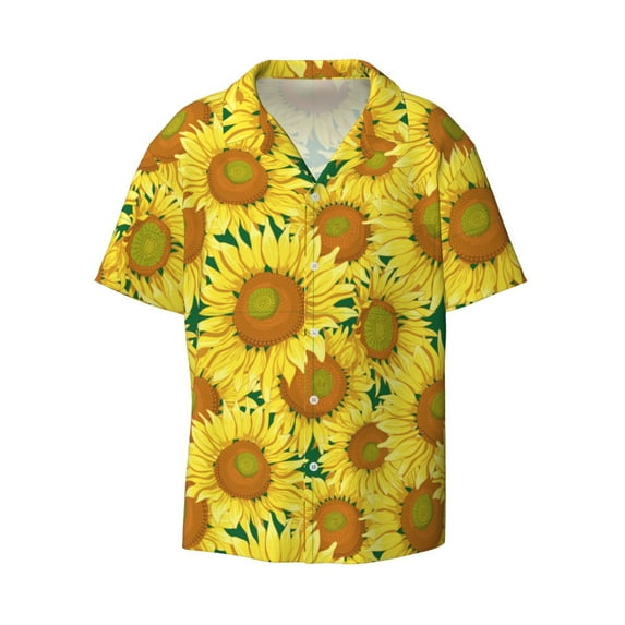 Honeii 's Floral Sunflowers for men's short-sleeved button-up collared shirt featuring a pocket, perfect for beach vacations, and travel adventures.
