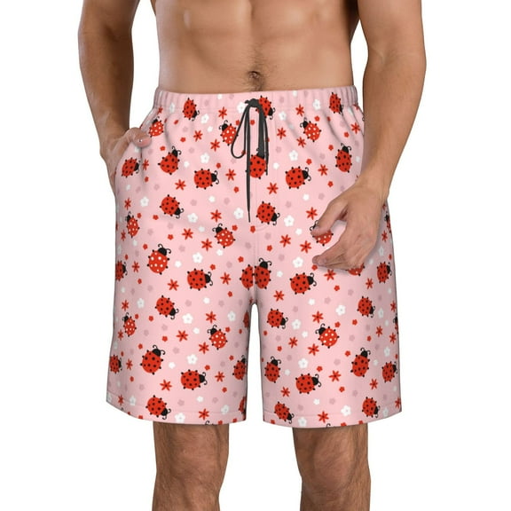 Honeii's Flowers And Ladybugs Print Men's Casual Shorts with Drawstring，Swim Trunks Quick Dry Beach Shorts