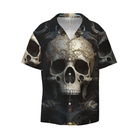 Honeii 's Gold Pattern Skull for men's short-sleeved button-up collared shirt featuring a pocket, perfect for beach vacations, and travel adventures.