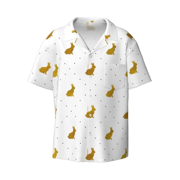 Honeii 's Gold Rabbit for men's short-sleeved button-up collared shirt featuring a pocket, perfect for beach vacations, and travel adventures.