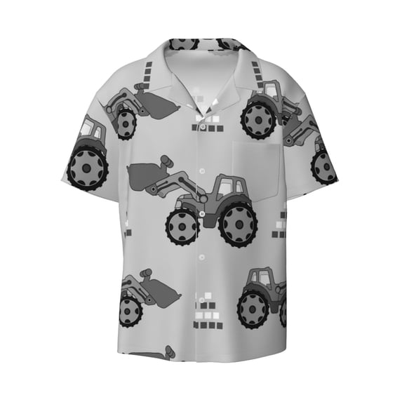 Honeii 's Gray Tractor for men's short-sleeved button-up collared shirt featuring a pocket, perfect for beach vacations, and travel adventures.