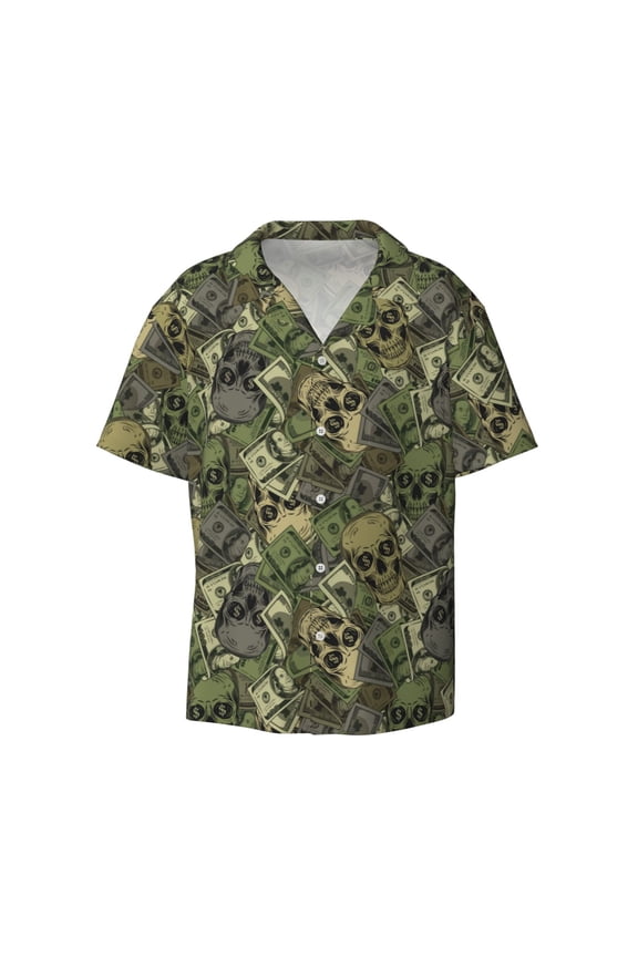 's Green Skulls for men's short-sleeved button-up collared shirt featuring a pocket, perfect for beach vacations, and travel adventures.