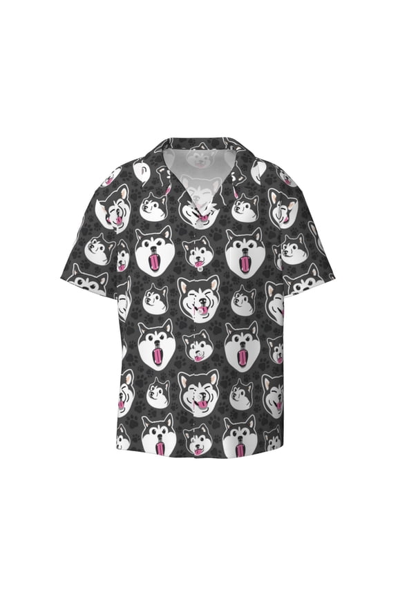 's HUSKY Face for men's short-sleeved button-up collared shirt featuring a pocket, perfect for beach vacations, and travel adventures.