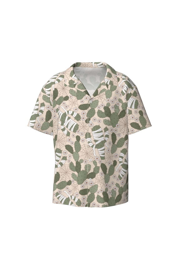 's Halloween Cactus for men's short-sleeved button-up collared shirt featuring a pocket, perfect for beach vacations, and travel adventures.