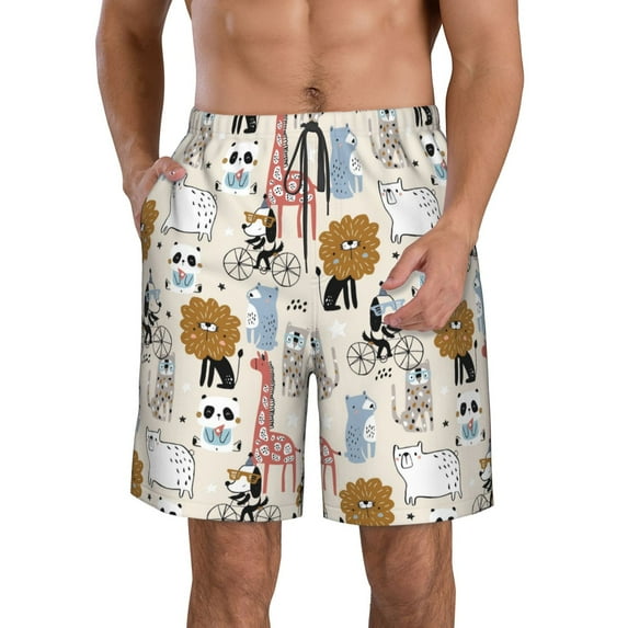 Honeii's Hand Drawn Animals Print Men's Casual Shorts with Drawstring,Swim Trunks Quick Dry Beach Shorts