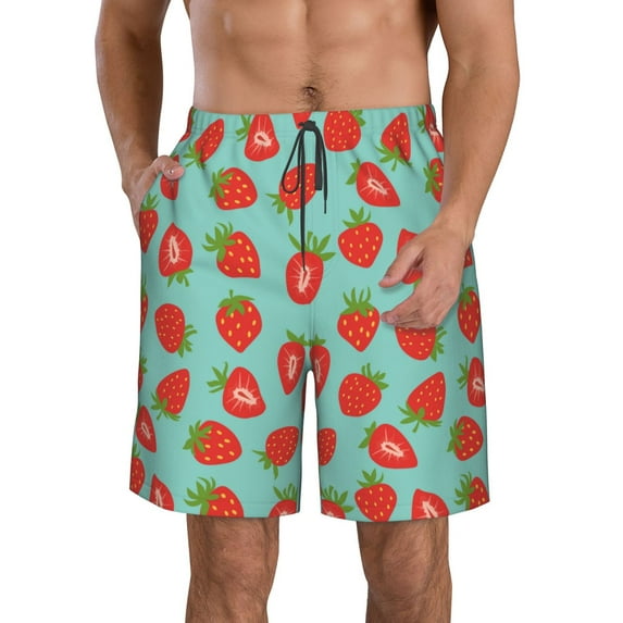 Honeii's Hand Drawn Strawberry Print Men's Casual Shorts with Drawstring,Swim Trunks Quick Dry Beach Shorts