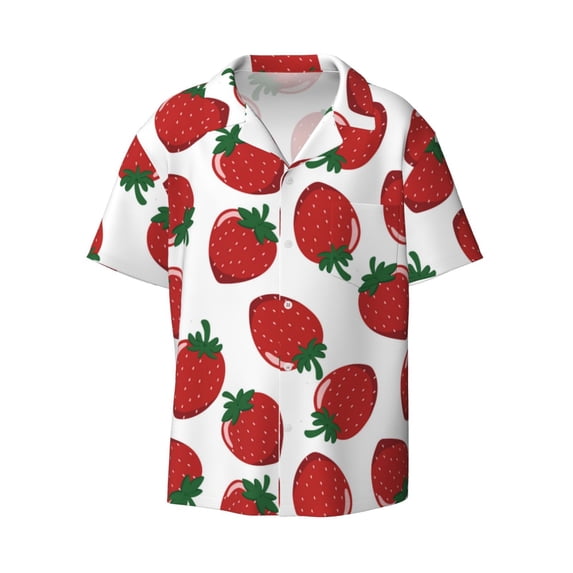 Honeii 's Hand Drawn Strawberry for men's short-sleeved button-up collared shirt featuring a pocket, perfect for beach vacations, and travel adventures.