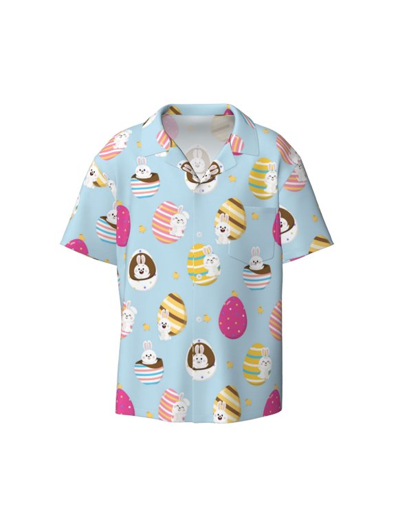 's Happy Easter for men's short-sleeved button-up collared shirt featuring a pocket, perfect for beach vacations, and travel adventures.