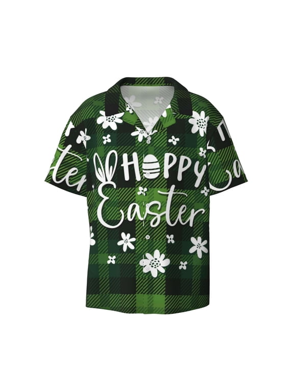 's Happy Easter for men's short-sleeved button-up collared shirt featuring a pocket, perfect for beach vacations, and travel adventures.