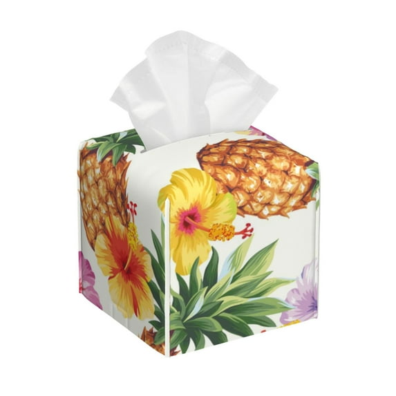 Honeii 's Hawaiian Pineappl for Leather Square Tissue Box Cover Holder: A Stylish Organizer for Tabletops, Bathrooms, Cars & Offices