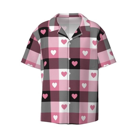 Honeii 's Heart Plaid for men's short-sleeved button-up collared shirt featuring a pocket, perfect for beach vacations, and travel adventures.