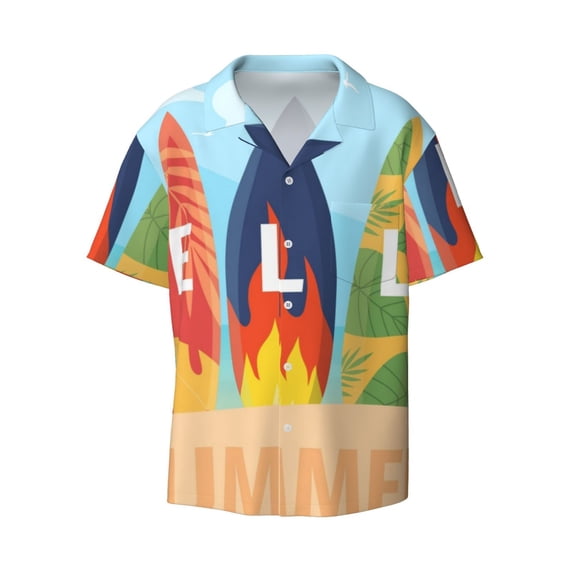 Honeii 's Hello Summer3 for men's short-sleeved button-up collared shirt featuring a pocket, perfect for beach vacations, and travel adventures.