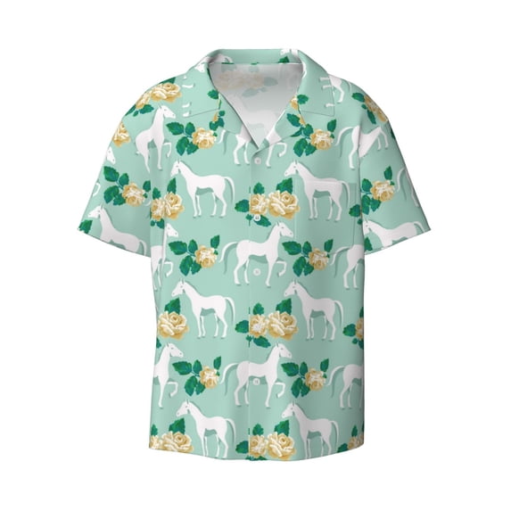 Honeii 's Horse And Flower for men's short-sleeved button-up collared shirt featuring a pocket, perfect for beach vacations, and travel adventures.