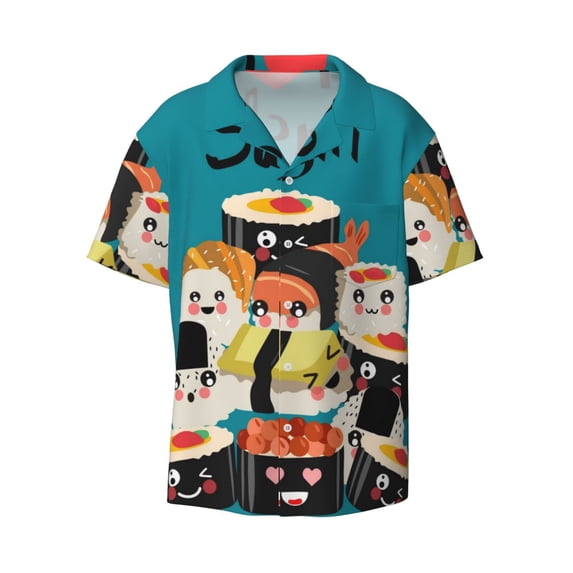 Honeii 's I Love Sushi for men's short-sleeved button-up collared shirt featuring a pocket, perfect for beach vacations, and travel adventures.