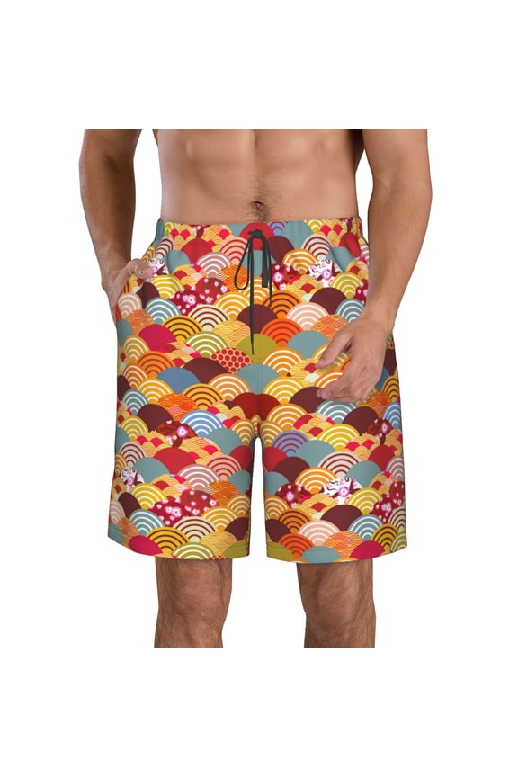 's Japanese Style Fish Scales Print Men's Casual Shorts with Drawstring,Swim Trunks Quick Dry Beach Shorts