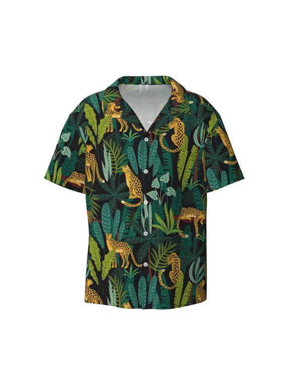 's Jungle Leopard Yellow for men's short-sleeved button-up collared shirt featuring a pocket, perfect for beach vacations, and travel adventures.