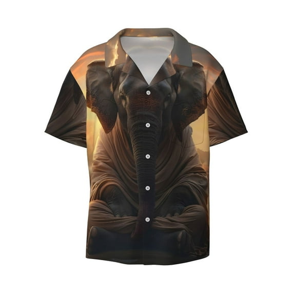 Honeii 's Lake Meditating Elephant for men's short-sleeved button-up collared shirt featuring a pocket, perfect for beach vacations, and travel adventures.