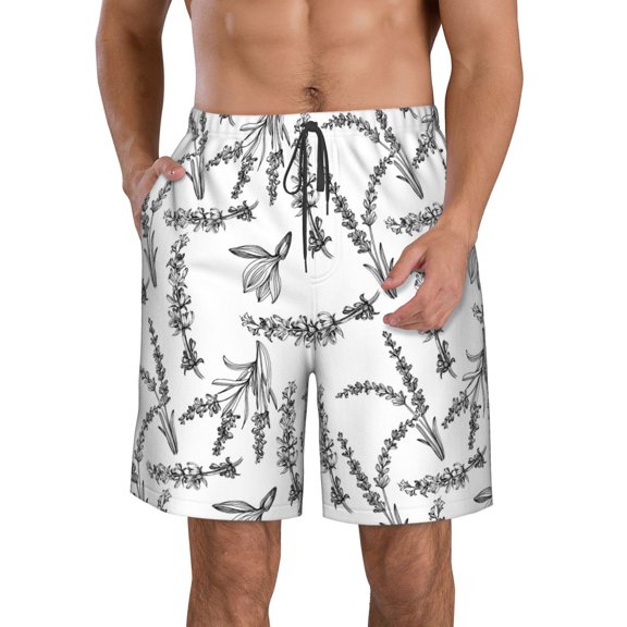 Honeii's Lavender Flowers Print Men's Casual Shorts with Drawstring，Swim Trunks Quick Dry Beach Shorts