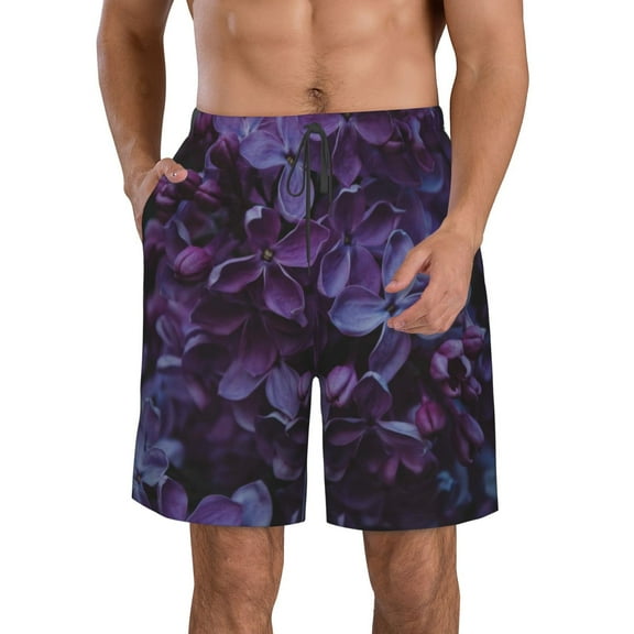 Honeii's Lilac Print Men's Casual Shorts with Drawstring,Swim Trunks Quick Dry Beach Shorts