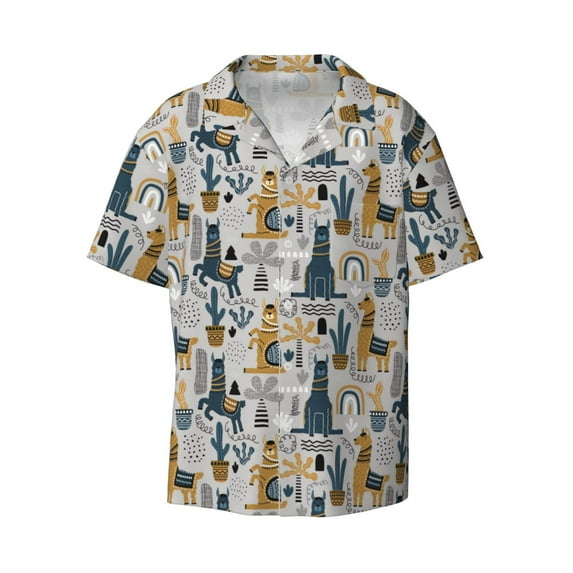 Honeii 's Llama and Cactus1 for men's short-sleeved button-up collared shirt featuring a pocket, perfect for beach vacations, and travel adventures.