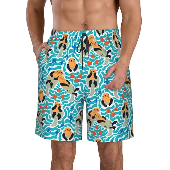 Honeii's Lovely Sea Otters Print Men's Casual Shorts with Drawstring，Swim Trunks Quick Dry Beach Shorts