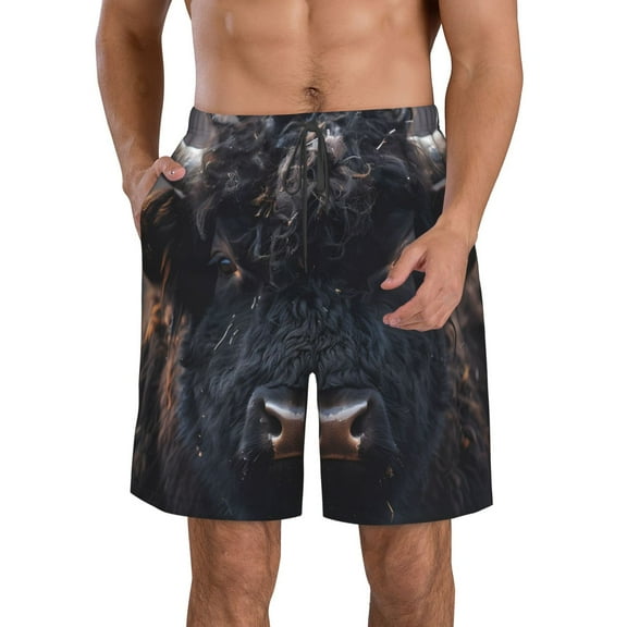 Honeii's Majestic Black Yak Print Men's Casual Shorts with Drawstring,Swim Trunks Quick Dry Beach Shorts