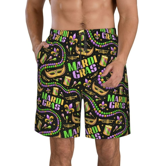 Honeii's Mardi Gras3 Print Men's Casual Shorts with Drawstring,Swim Trunks Quick Dry Beach Shorts