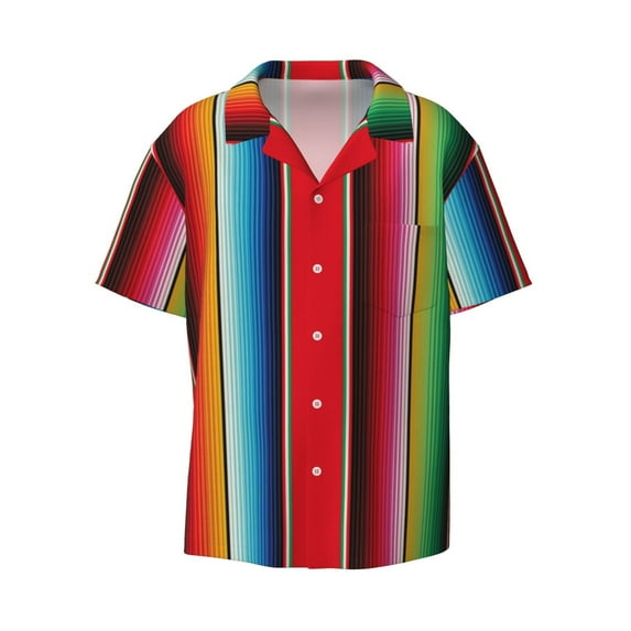 Honeii 's Mexican Serape Blanket Stripes for men's short-sleeved button-up collared shirt featuring a pocket, perfect for beach vacations, and travel adventures.