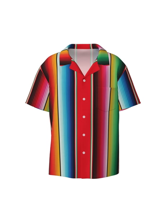 's Mexican Serape Blanket Stripes for men's short-sleeved button-up collared shirt featuring a pocket, perfect for beach vacations, and travel adventures.