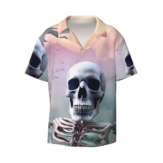 Honeii 's Mist Sunflower Skull for men's short-sleeved button-up collared shirt featuring a pocket, perfect for beach vacations, and travel adventures.