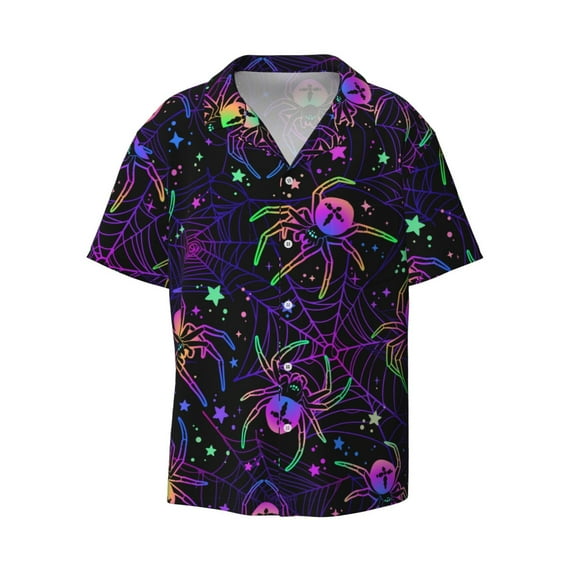 Honeii 's Multi-colored Spiders for men's short-sleeved button-up collared shirt featuring a pocket, perfect for beach vacations, and travel adventures.