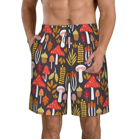 Honeii's Mushrooms And Leaves Print Men's Casual Shorts with Drawstring,Swim Trunks Quick Dry Beach Shorts