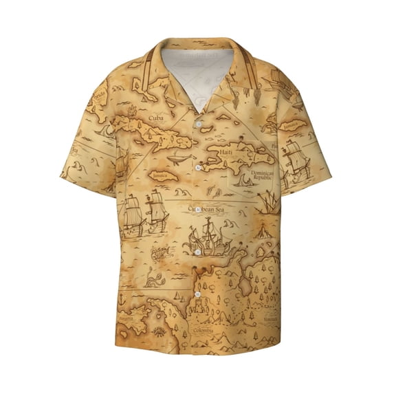 Honeii 's Old Vintage Map Of Sea for men's short-sleeved button-up collared shirt featuring a pocket, perfect for beach vacations, and travel adventures.