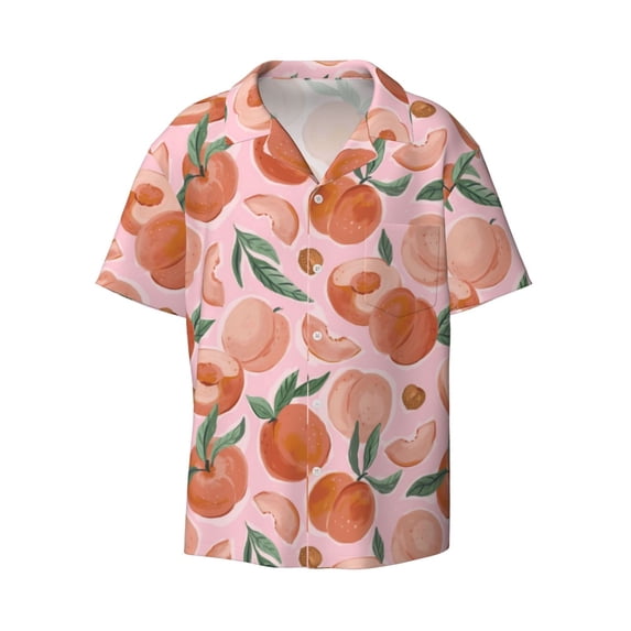 Honeii 's Painting Peach for men's short-sleeved button-up collared shirt featuring a pocket, perfect for beach vacations, and travel adventures.