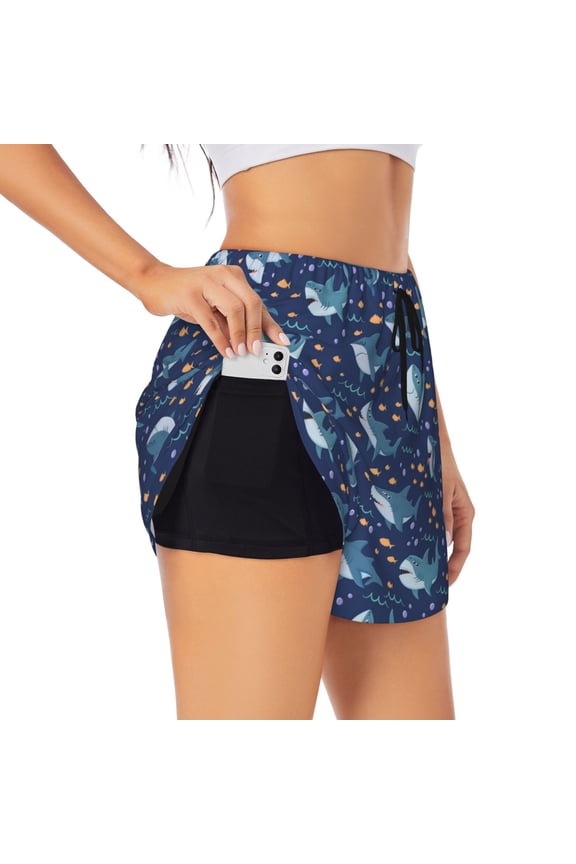 's Party Shark Cut print a double-layered women's running short, ideal for gym, tennis, and various activities, complete with a practical pocket