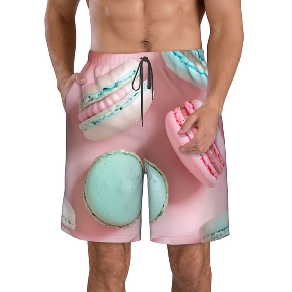 Honeii's Pastel Macarons Delight Print Men's Casual Shorts with Drawstring,Swim Trunks Quick Dry Beach Shorts